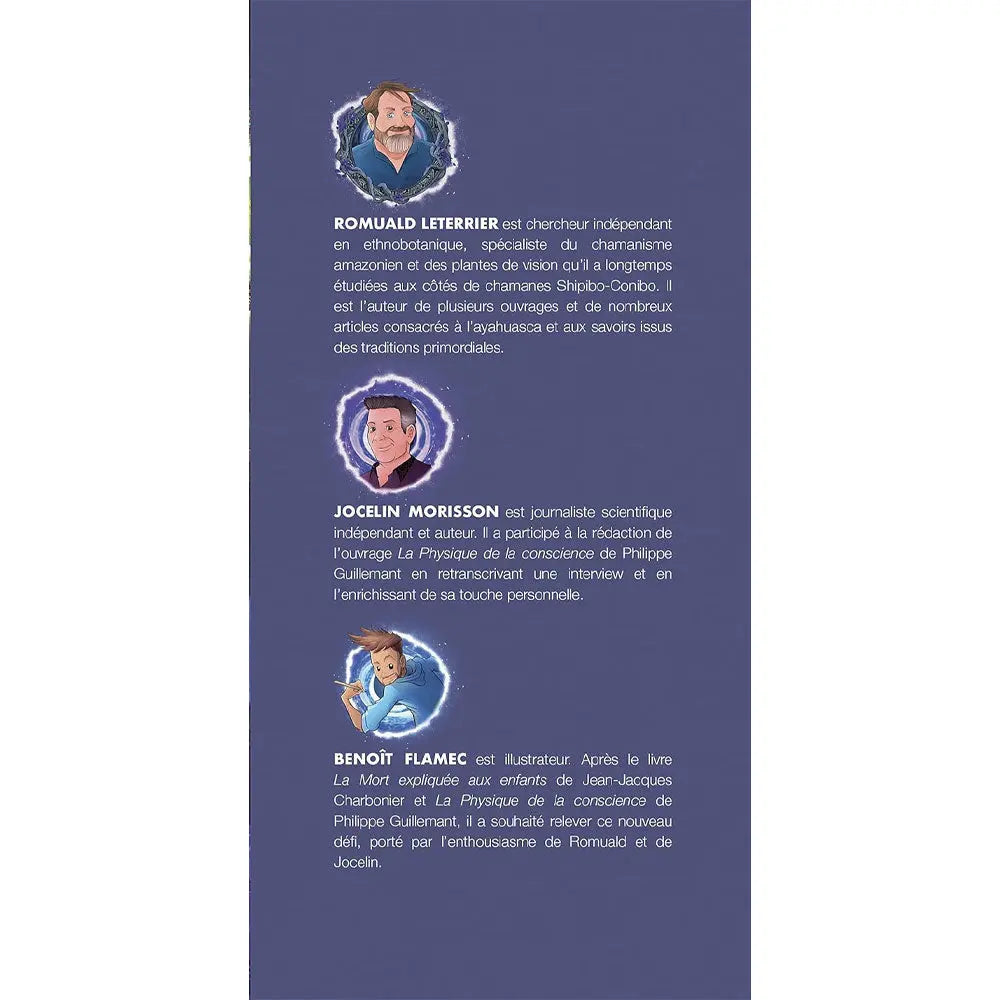 Page intérieure du livre Se souvenir du futur (Illustré), présentant les biographies et les portraits illustrés des auteurs et de l'illustrateur sur fond violet.