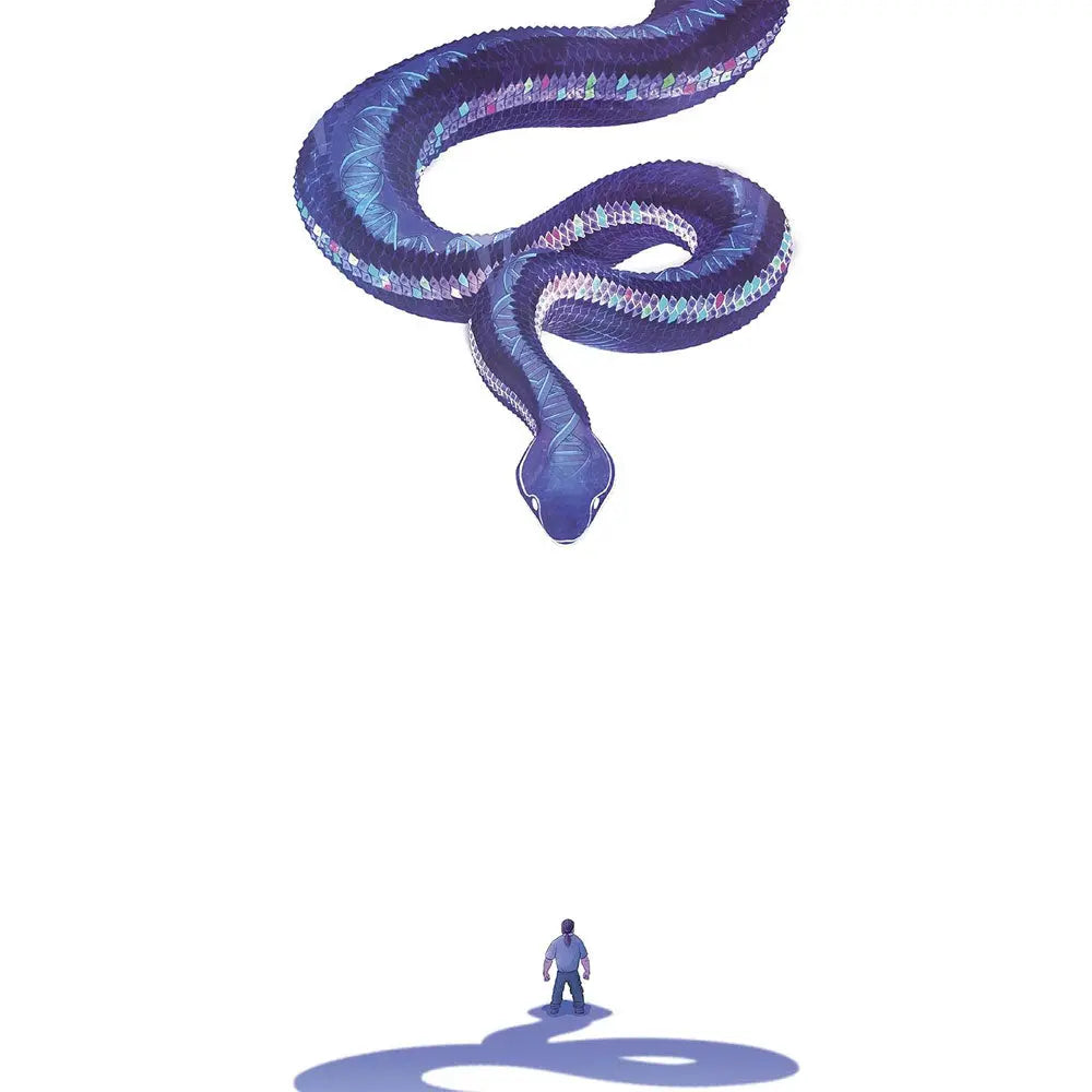 Illustration intérieure du livre Se souvenir du futur (Illustré), montrant un immense serpent cosmique violet face à un homme de dos sur fond blanc.