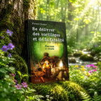 Livre Se Délivrer des Sortilèges et de la Fatalité de Patrick Guérin appuyé contre un arbre dans une forêt mystique, à côté de bougies allumées et d'ingrédients de sorcellerie.