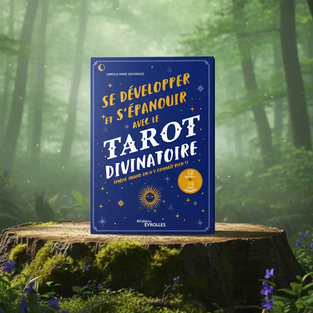 Livre bleu nuit Se Développer et S'épanouir avec le Tarot Divinatoire de Carole-Anne Eschenazi posé sur une souche, orné d'étoiles et d'un soleil doré.