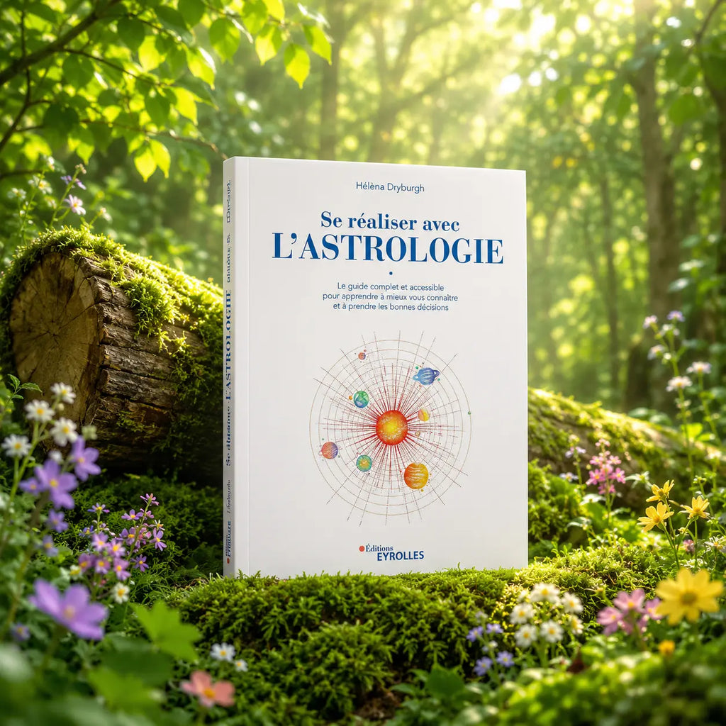 Livre Se Réaliser avec L'Astrologie d'Hélèna Dryburgh posé sur un lit de mousse au cœur d'une forêt lumineuse, avec en arrière-plan un tronc d'arbre et des fleurs sauvages.