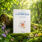 Livre Se Réaliser avec L'Astrologie d'Hélèna Dryburgh posé sur un lit de mousse au cœur d'une forêt lumineuse, avec en arrière-plan un tronc d'arbre et des fleurs sauvages.