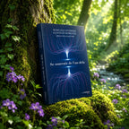Livre Se Souvenir de l'Au-delà de Romuald Leterrier et Jocelin Morisson appuyé contre un grand arbre moussu dans une forêt lumineuse, près d'un cours d'eau.