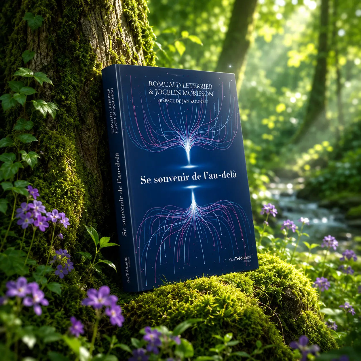 Livre Se Souvenir de l'Au-delà de Romuald Leterrier et Jocelin Morisson appuyé contre un grand arbre moussu dans une forêt lumineuse, près d'un cours d'eau.
