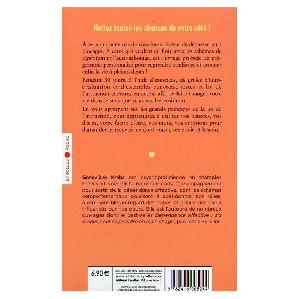 Les Secrets de la Loi de l'Attraction de Geneviève Krebs, sa quatrième de couverture de couleur saumon présentant le résumé du programme de 30 jours et la biographie de l'auteure.