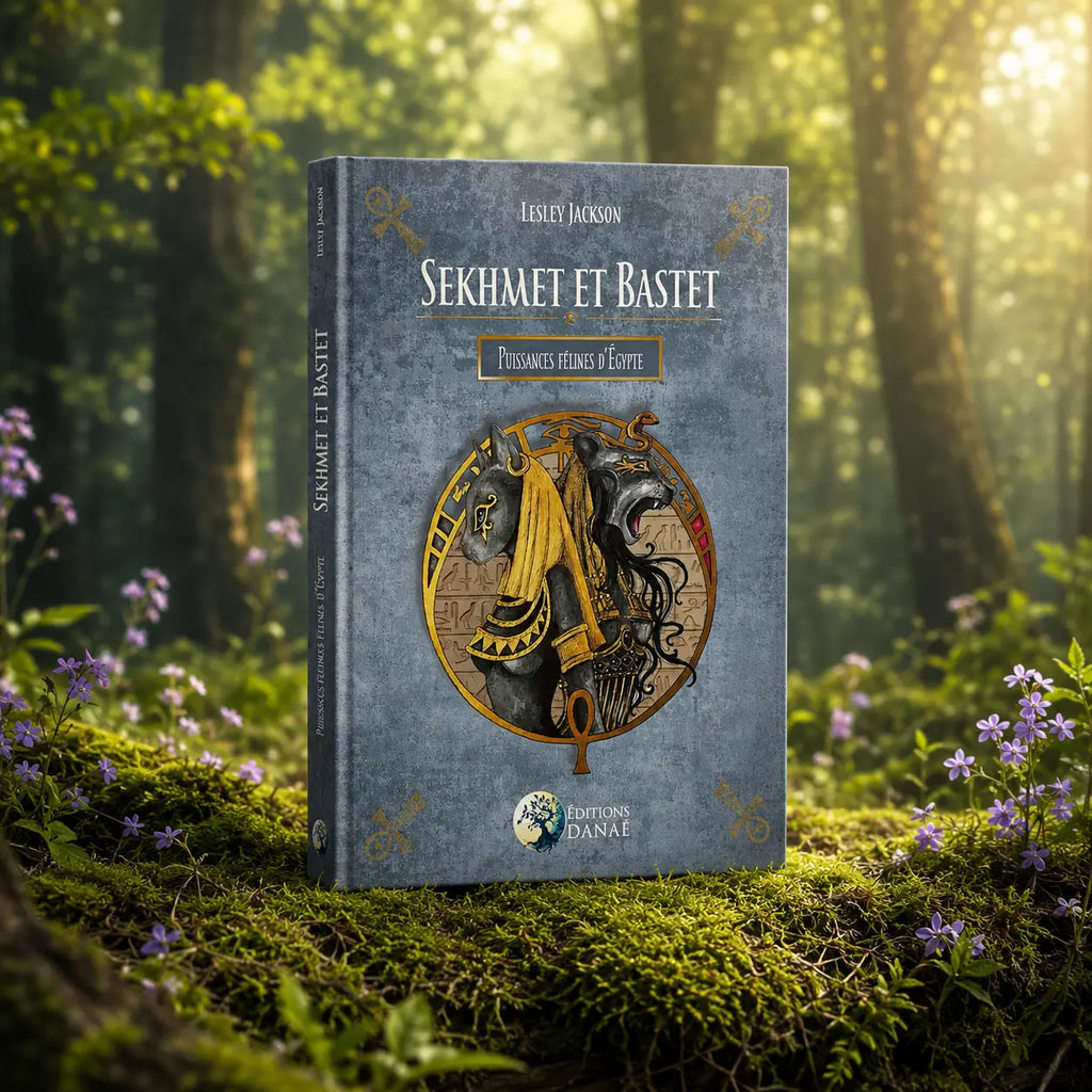 Livre Sekhmet et Bastet de Lesley Jackson posé sur un talus de mousse verte dans une forêt lumineuse, avec de petites fleurs violettes tout autour.