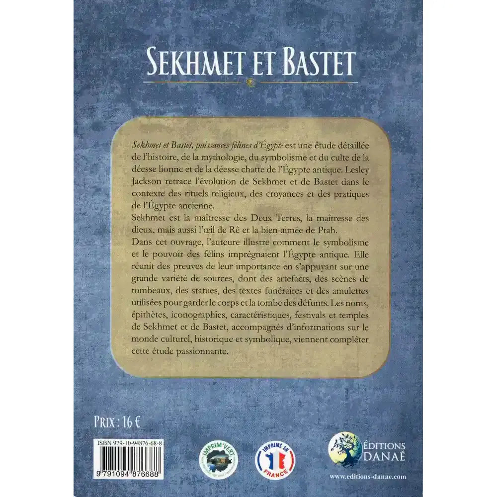 Quatrième de couverture du livre Sekhmet et Bastet, présentant le résumé de l'étude mythologique dans un encadré beige sur fond bleu texturé.