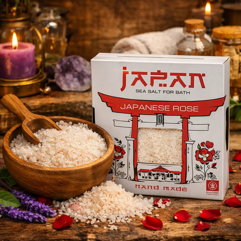 Boîte blanche de Sel de Bain Japan Spa - Rose avec arche Torii rouge, bol en bois rempli de sels roses et pétales de rose.