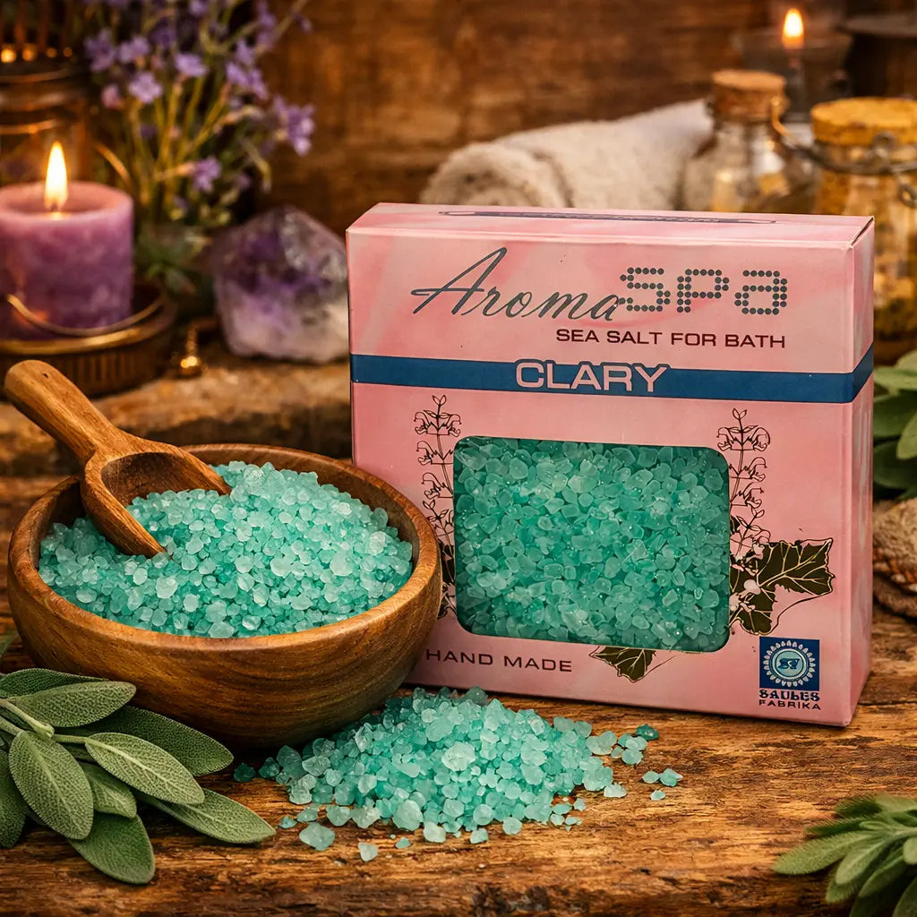 Cristaux de Sel de Bain Aroma Spa - Sauge Clary verts dans un bol en bois avec boîte rose Aroma Spa et feuilles de sauge.