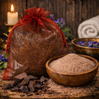Cristaux de Sels de Bain Chocolat bruns dans un bol en bois avec carrés de chocolat noir et bougie allumée.