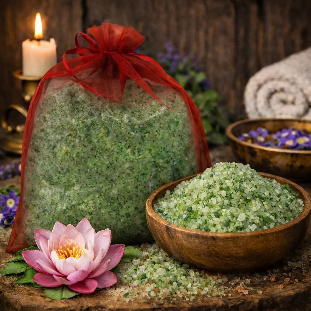 Cristaux de Sels de Bain Lotus verts dans un bol en bois avec fleur de lotus rose et sachet en organza rouge.