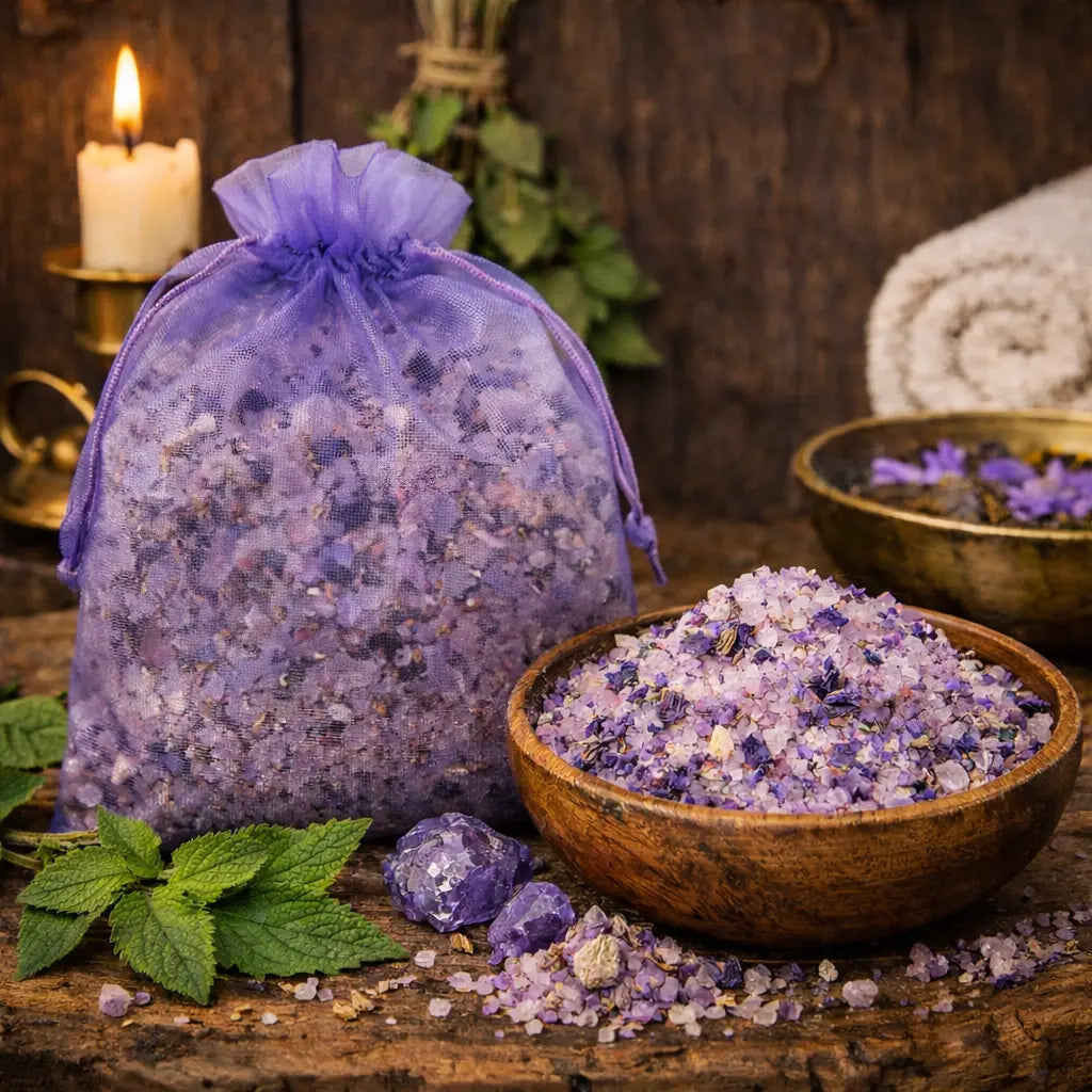 Cristaux de Sels de Bain Patchouli mauves dans un bol en bois à côté d'un sachet en organza violet et d'une bougie.