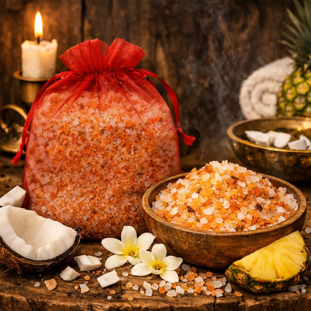 Sels de Bain Pina Colada orange dans un bol en bois avec noix de coco, ananas et sachet organza rouge sur bois.