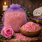 Cristaux de Sels de Bain Rose roses dans un bol en bois à côté d'un sachet en organza violet et d'une rose fraîche.
