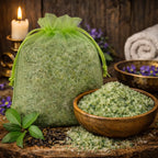 Sachet de Sels de Bain Thé Vert vert tendre dans un bol en bois avec thé séché, ambiance zen et lumineuse.