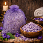 Cristaux de Sels de Bain Violette violets et blancs dans un bol en bois et sachet en organza violet.