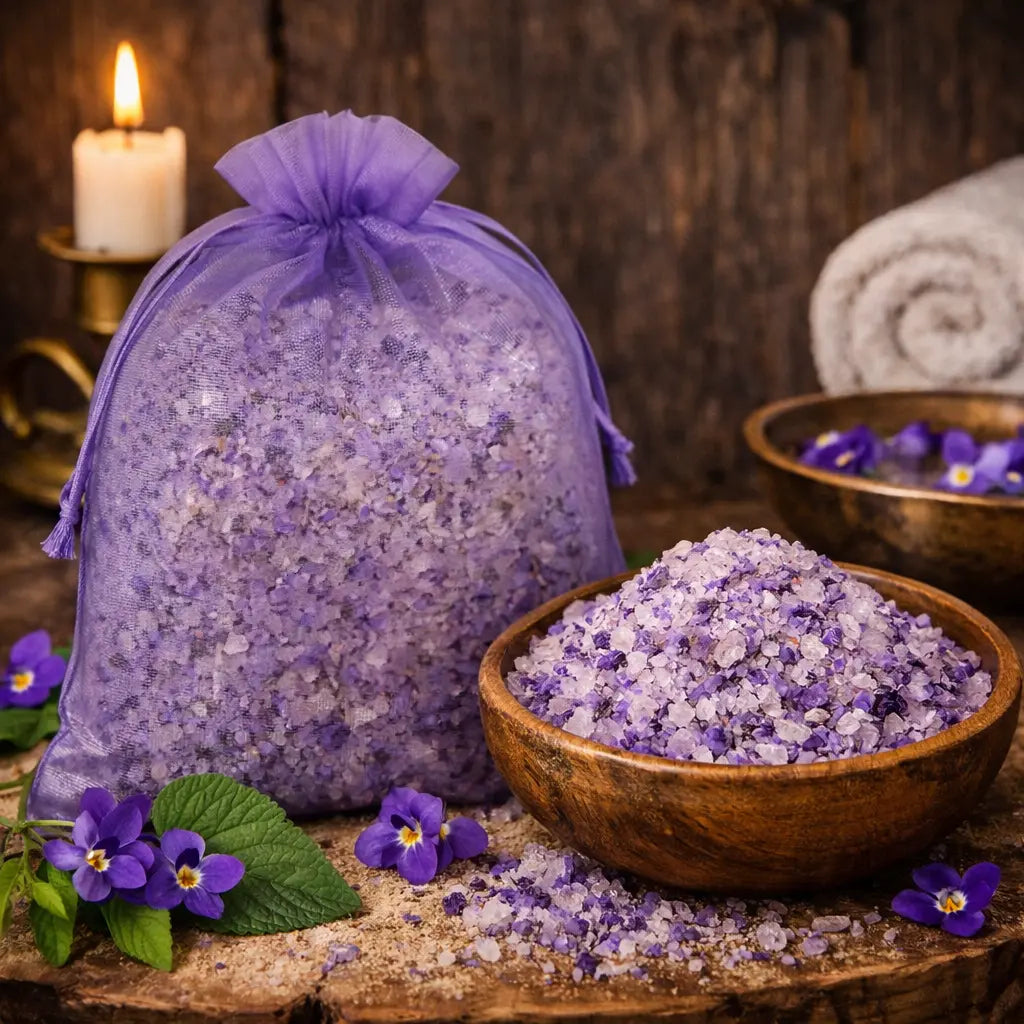 Cristaux de Sels de Bain Violette violets et blancs dans un bol en bois et sachet en organza violet.