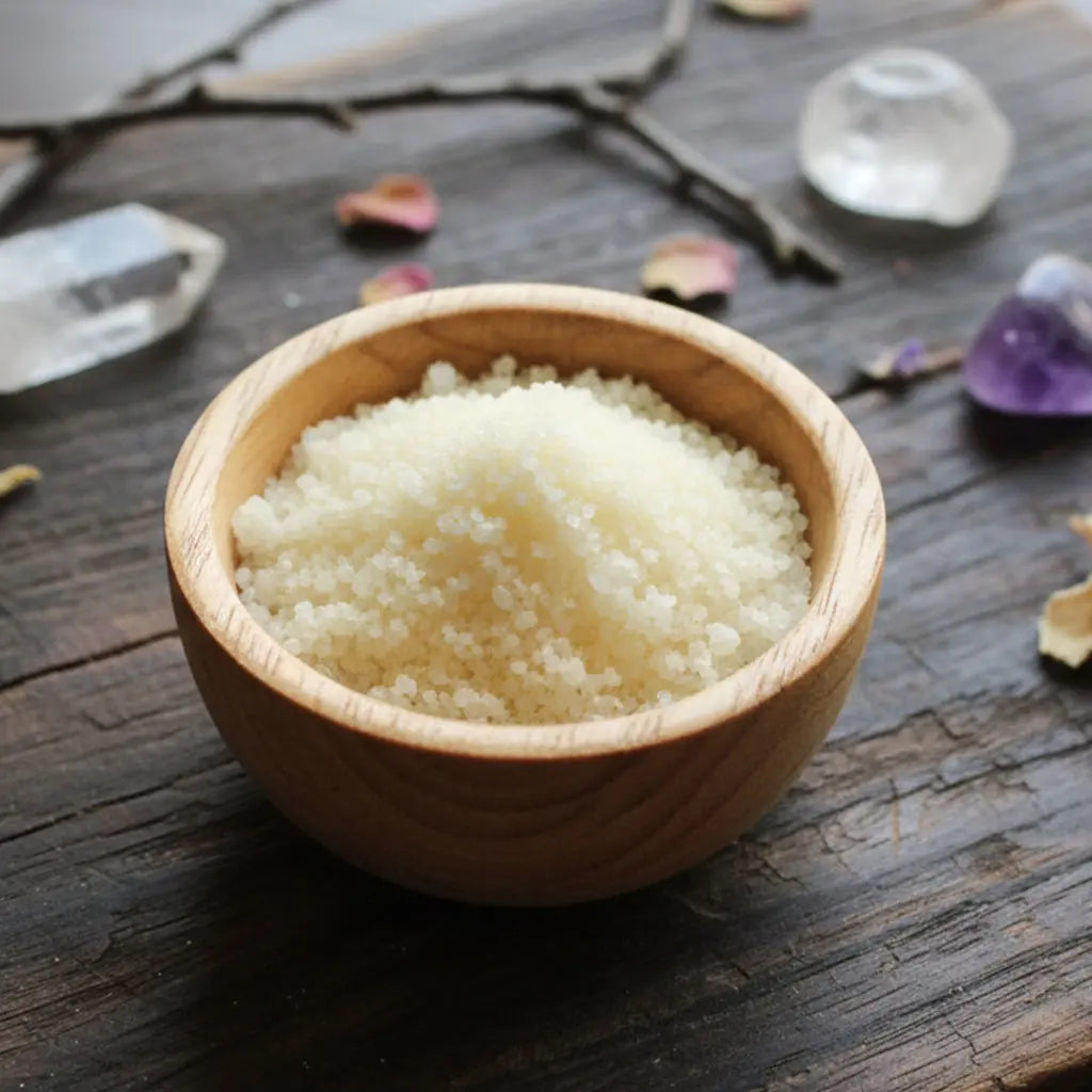 Coupe remplie de Granulés Sel Infusé - Jus d'Ananas jaunes vifs pour rituel de vitalité et de joie