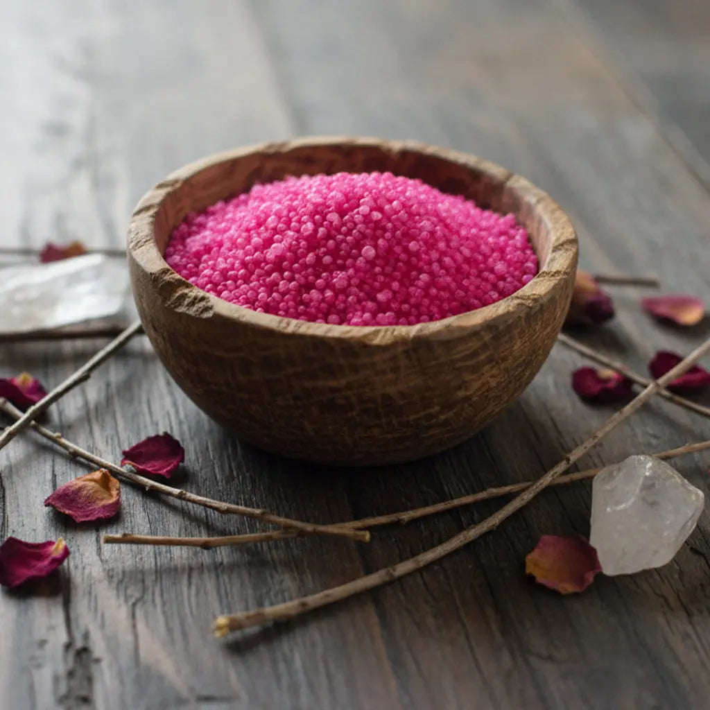 Bol de Granulés Sel Infusé - Cerise de couleur rose vif pour rituel de joie