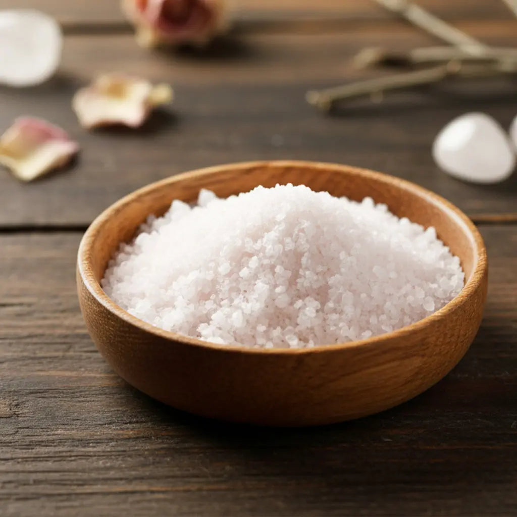 Bol de Granulés Sel Infusé - Noix de Coco aux cristaux blancs purs pour rituel de purification exotique