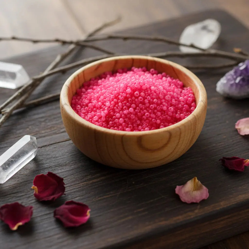 Bol en bois rempli de Granulés Sel Infusé - Fruits des Bois de couleur rose vif pour rituel de joie