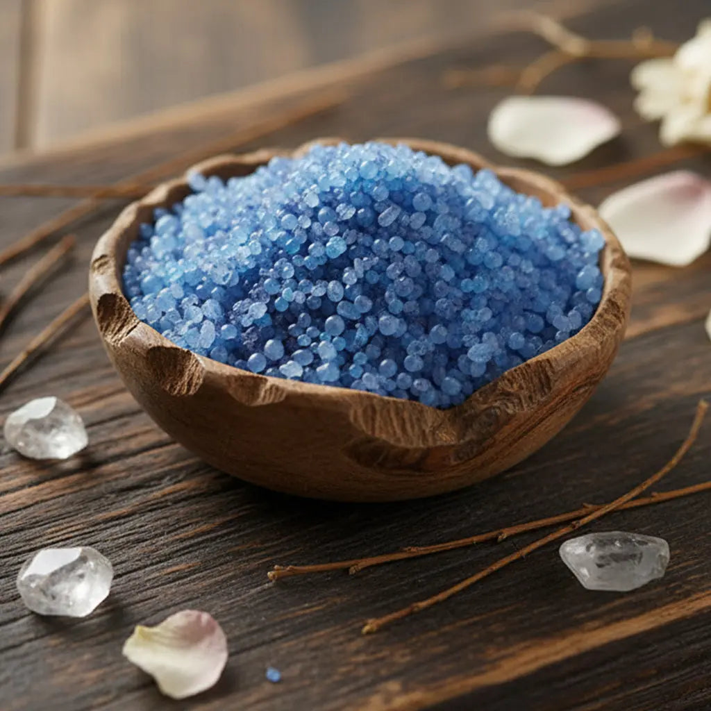 Bol de Granulés Sel Infusé - Maison Paisible de couleur bleu apaisant pour rituel d'harmonie