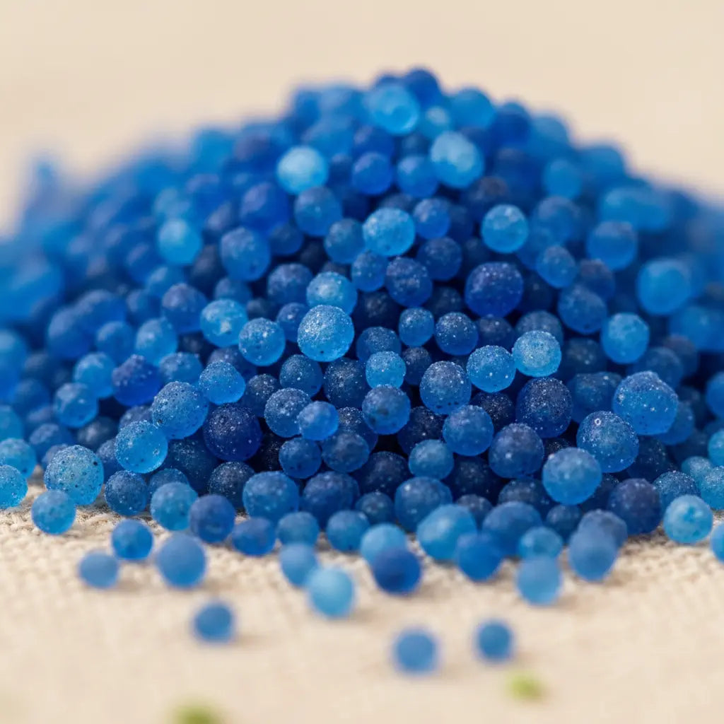 Gros plan sur des cristaux de sel infusé Maison Paisible, texture cristalline bleue.