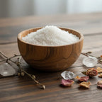 Cristaux de Granulés Sel Infusé - Musc Blanc dans un bol en bois pour rituel de purification