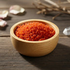 Bol en bois contenant des Granulés Sel Infusé - Myrrhe de couleur rouge ambré pour rituel sacré