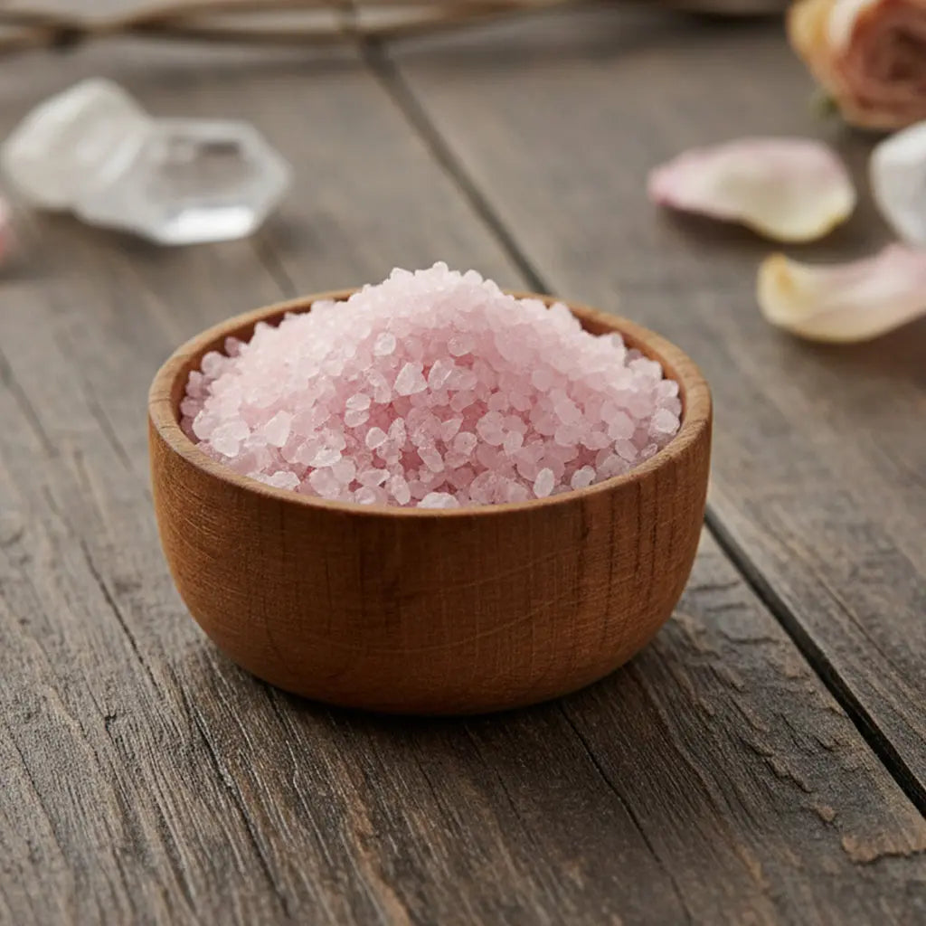 Bol rempli de Granulés Sel Infusé - Rose de Minuit de couleur rose pâle pour rituel du soir
