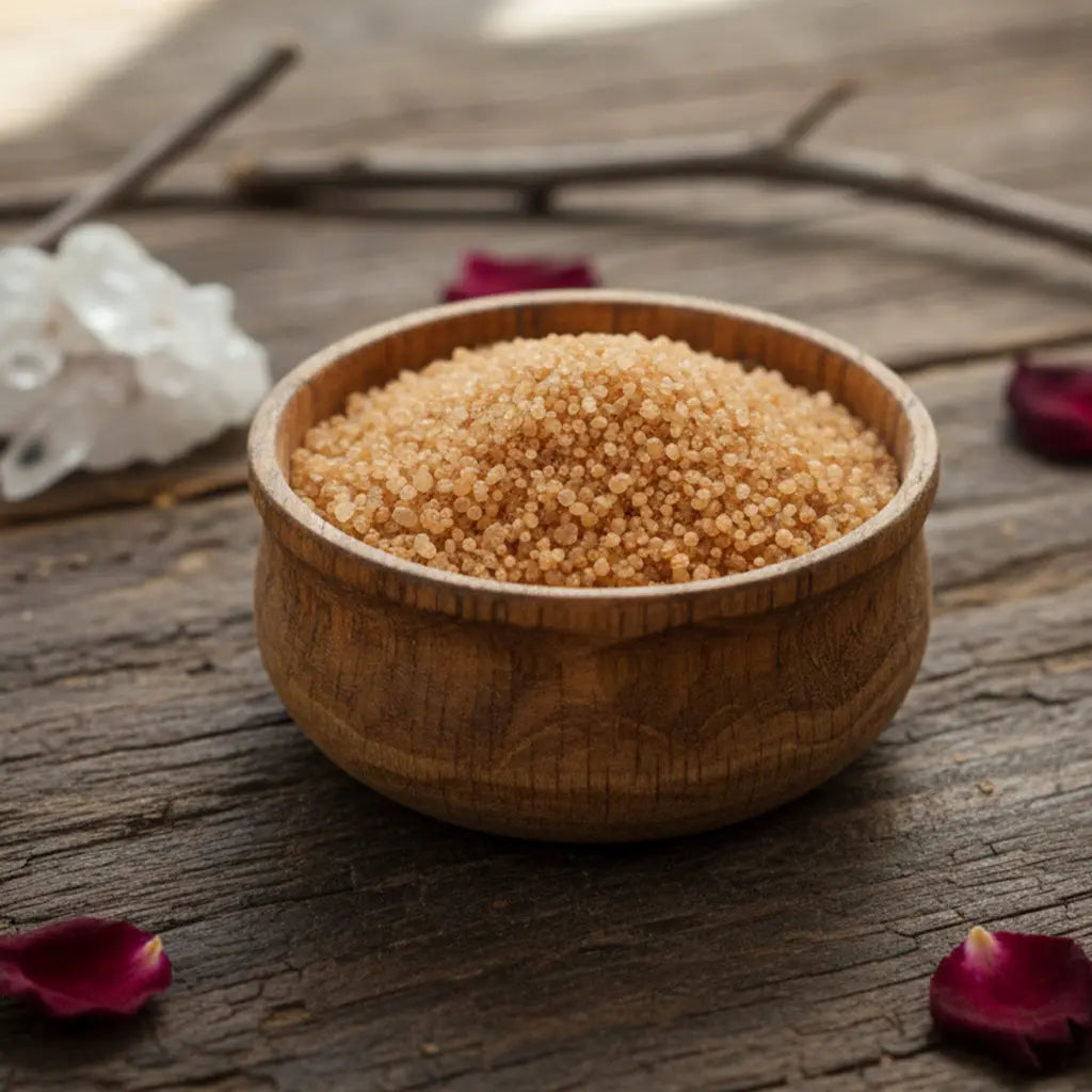 Bol rempli de Granulés Sel Infusé - Bois de Santal de couleur brun doré pour rituel zen