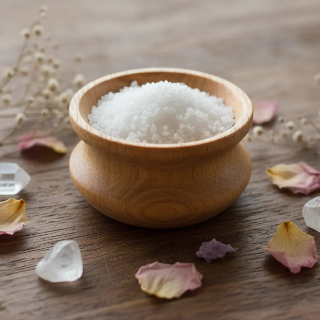 Cristaux de Granulés Sel Infusé - Lavande Blanche dans un bol pour ambiance zen