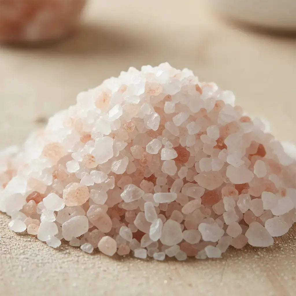 Gros plan sur un monticule de grains de Sel Rose de l'Himalaya, montrant des cristaux blancs et roses pâles de taille irrégulière.