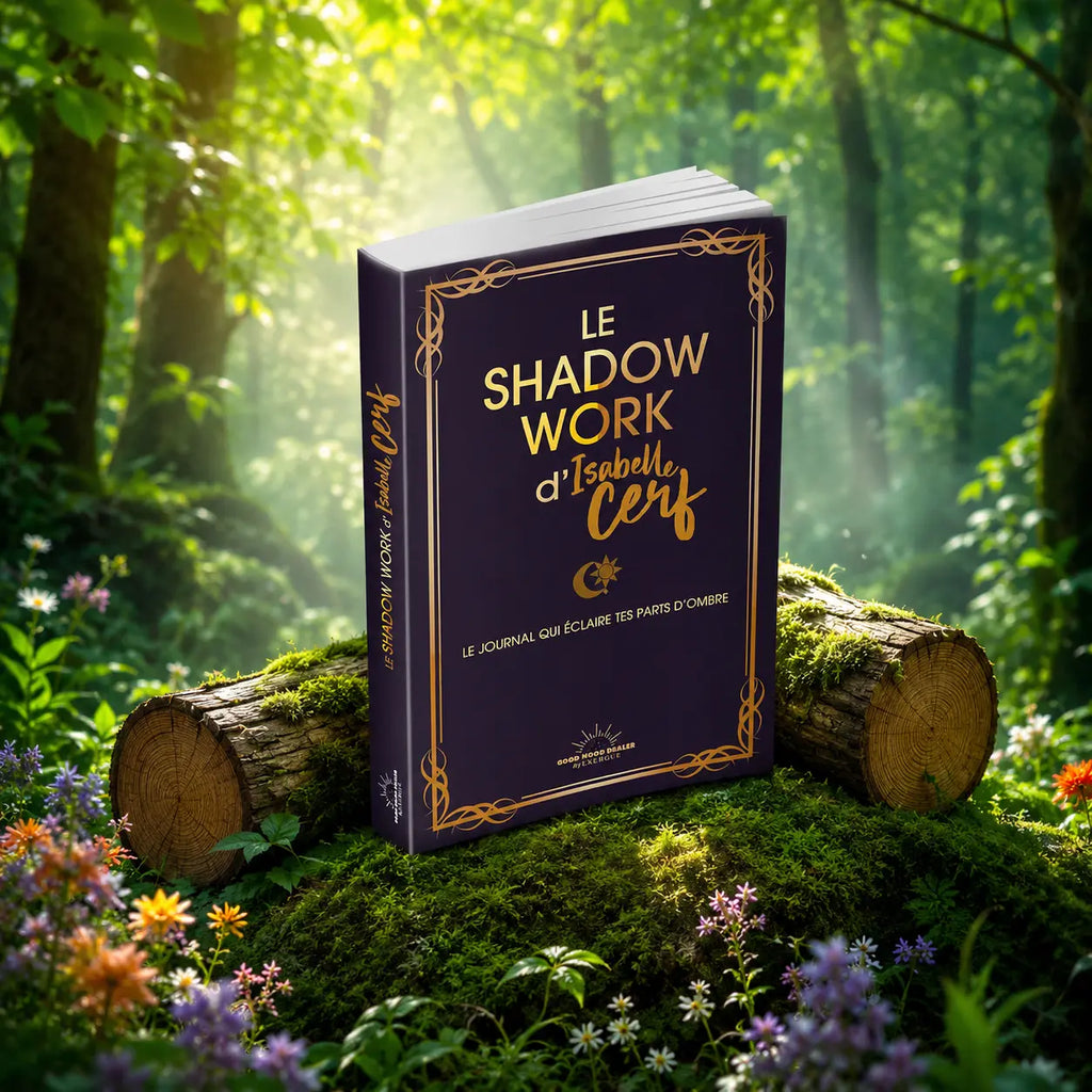 Livre Le Shadow Work sur mousse sacrée au pied d'un arbre, entouré de fleurs violettes sous des rayons de soleil magiques.