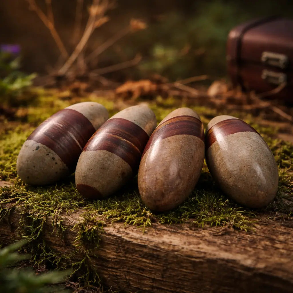 Pierres de Shiva Lingam ovoïdes aux teintes terreuses et bandes de jaspe rouge, alignées sur un bois moussue infusé d'une lumière mystique.