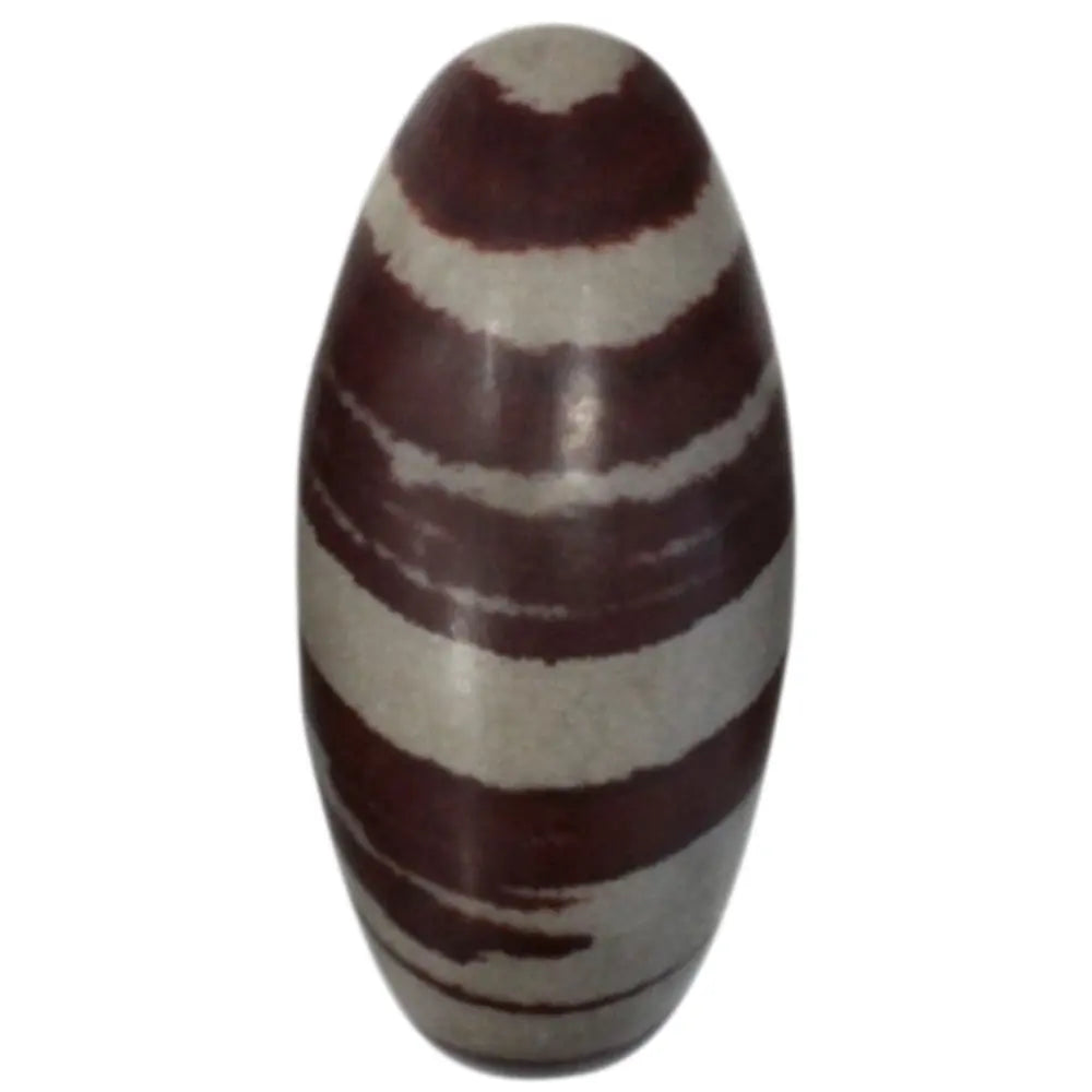 Pierre de Shiva Lingam de 15 cm à la forme ovoïde parfaite, caractérisée par des bandes horizontales contrastées de couleur brun terreux sur un fond gris clair.