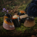 Cinq pierres d'Agate Oeil de Shiva polies, montrant des strates naturelles circulaires noires, brunes et translucides évoquant un œil, posées sur un support moussue.