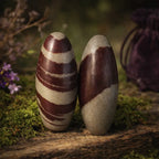 Deux grands Shiva Lingam de 15 cm aux nuances de gris et de brun terreux, dressés verticalement sur un socle de bois ancien entouré de mousse naturelle.