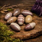 Pierres sacrées Shiva Lingam de 3-4 cm aux formes ovales et polies, présentant des bandes colorées naturelles, disposées sur un plateau de bois moussu.