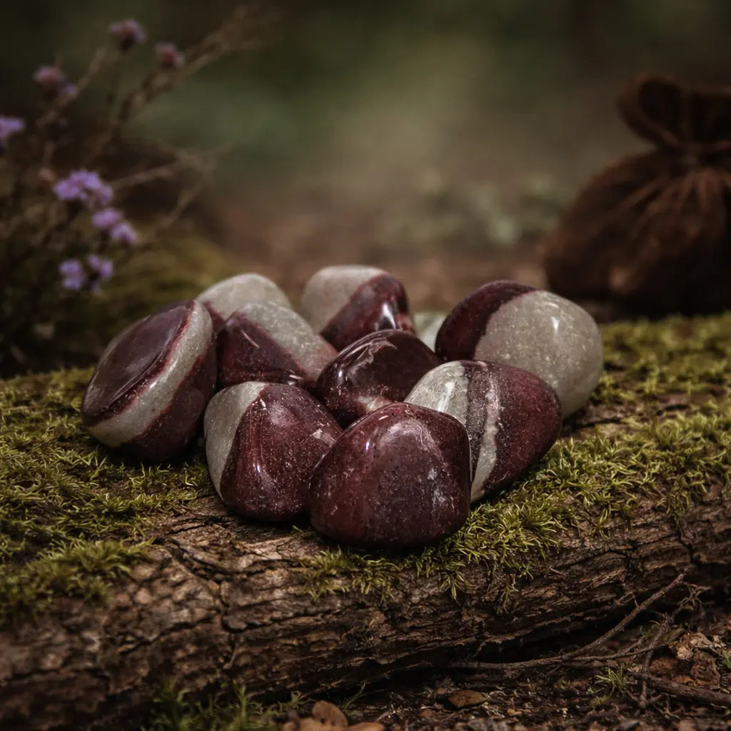 Groupe de pierres Shiva Lingam polies aux teintes bicolores gris terreux et rouge bordeaux, disposées sur un tronc d'arbre recouvert de mousse.