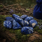 Groupe de pierres de sodalite roulées d'un bleu nuit profond avec des veines blanches et grises, posées sur un tronc d'arbre moussue avec un pochon bleu en arrière-plan.