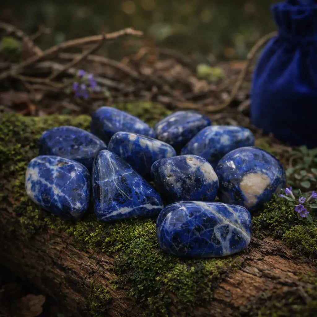 Groupe de pierres de sodalite roulées d'un bleu nuit profond avec des veines blanches et grises, posées sur un tronc d'arbre moussue avec un pochon bleu en arrière-plan.