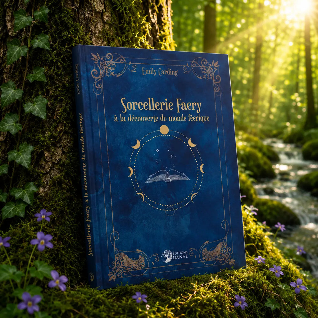 Livre Sorcellerie Faery d'Emily Carding posé contre un arbre moussue dans une forêt enchantée, près d'un ruisseau lumineux et de petites fleurs violettes.
