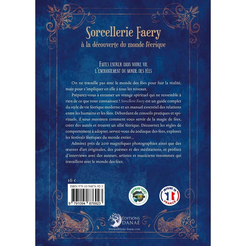 Quatrième de couverture du livre Sorcellerie Faery : à la découverte du monde féerique, présentant le texte de présentation sur un fond bleu nuit texturé avec des ornements dorés aux angles.