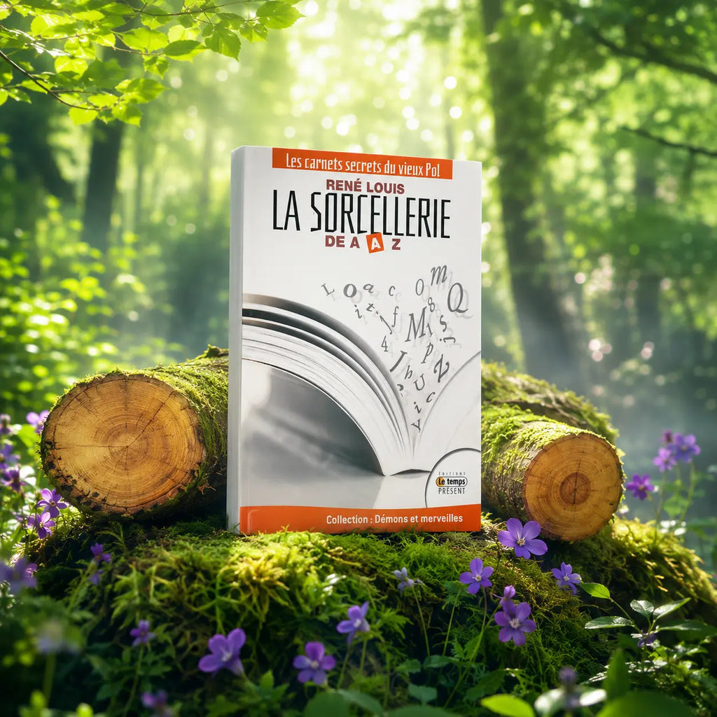 Couverture du livre La Sorcellerie de A à Z de René Louis montrant un livre ouvert d'où s'échappent des lettres de l'alphabet, avec des bandes orange en haut et en bas.