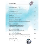 Page intérieure du livre Sorcières urbaines, présentant le sommaire de l'ouvrage avec ses différents chapitres (Commencer, Illuminer, Errer, Se connecter, Conjurer, Enchanter, Se régénérer, Voyager), illustré de deux cristaux dessinés sur un fond teinté d'aquarelle bleue.