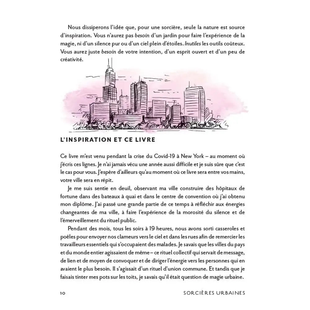 Page intérieure du livre Sorcières urbaines, présentant une illustration au trait noir et rose de gratte-ciels ainsi qu'un texte intitulé "L'inspiration et ce livre" évoquant la genèse de l'ouvrage à New York pendant la crise du Covid-19.
