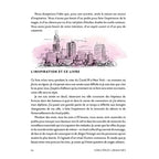Page intérieure du livre Sorcières urbaines, présentant une illustration au trait noir et rose de gratte-ciels ainsi qu'un texte intitulé "L'inspiration et ce livre" évoquant la genèse de l'ouvrage à New York pendant la crise du Covid-19.
