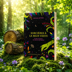 Livre Sorcières à La Main Verte de Cécilia Lattari posé sur un talus de mousse verte dans une forêt lumineuse, à côté de troncs d'arbres coupés et de fleurs sauvages.