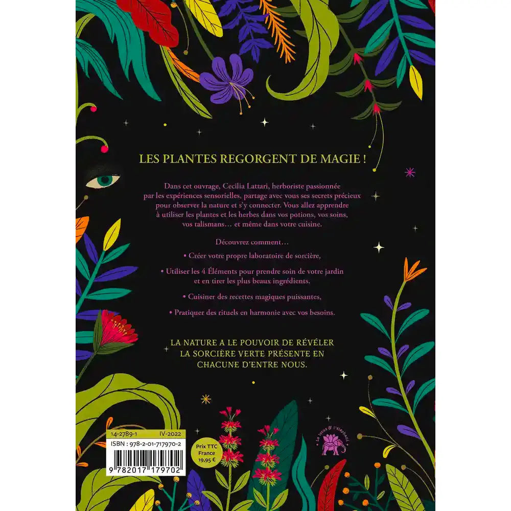 Quatrième de couverture du livre Sorcières à la main verte : Guide complet de magie naturelle, présentant le texte descriptif "Les plantes regorgent de magie !" entouré d'illustrations botaniques colorées sur fond noir.